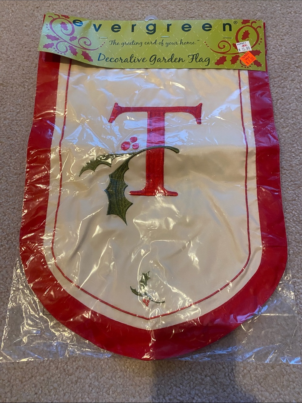 Evergreen holiday monogram T flag 18x13